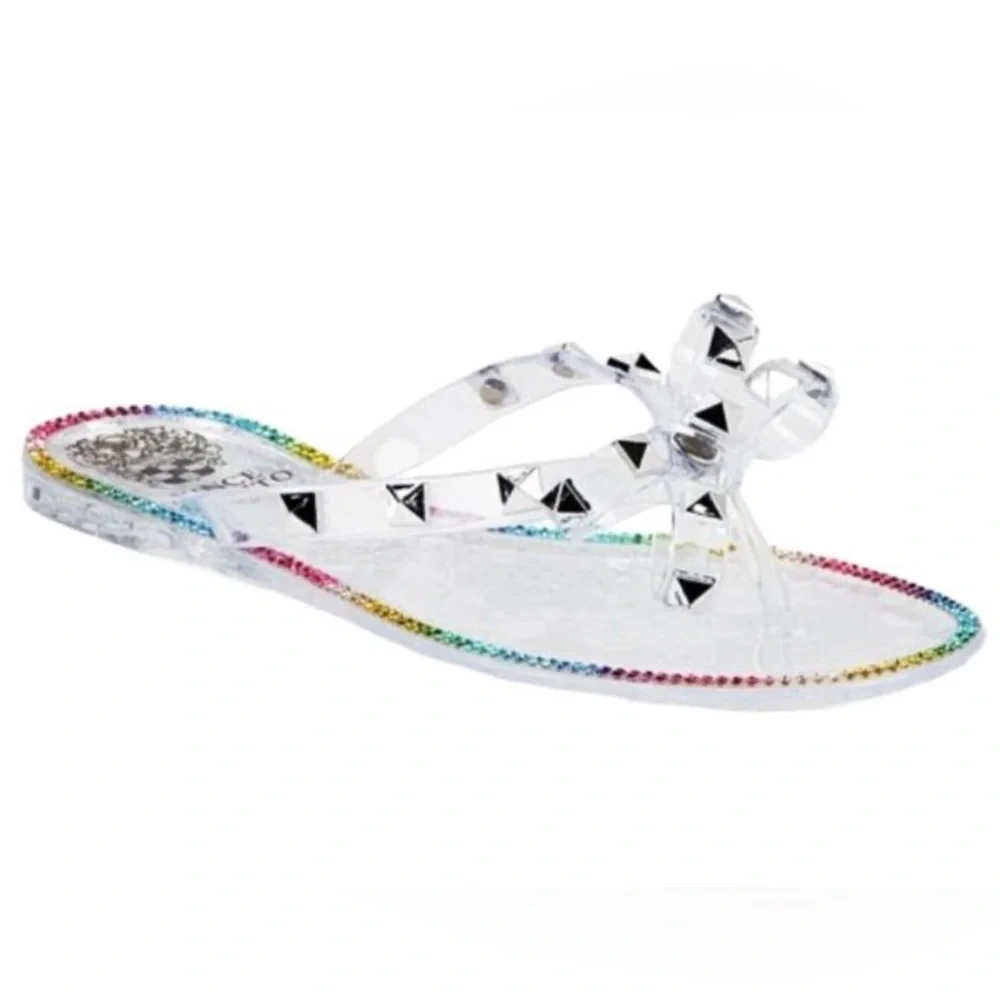 New Vince Camuto Clear Studded Bow Girls Jelly Sandals, Multicolored Trim Stones